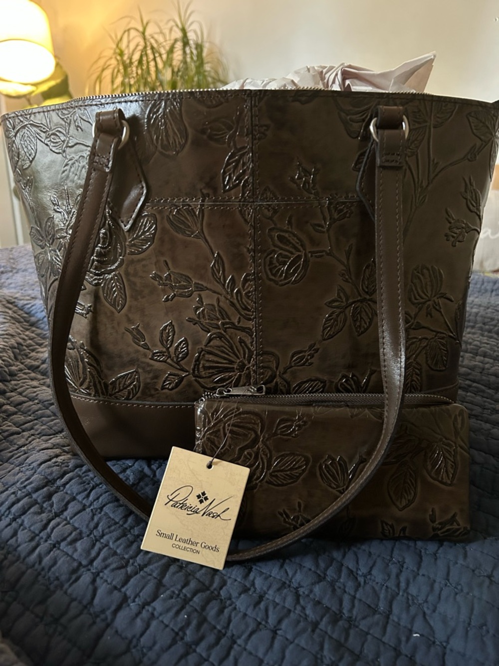 Patricia Nash Dark Brown Embossed Leather Floral Tote with Pouch